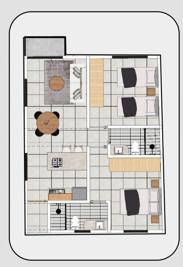 Plano del Depto 102 de 63.69 m², Edificio Amelia, departamentos en Congreso de la Unión CDMX